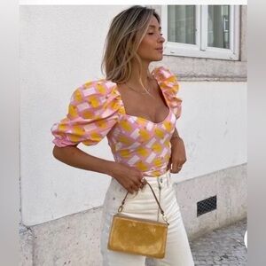 ZARA Printed Poplin Puff Sleeve Bodysuit pink yellow geometric pattern SZ Small